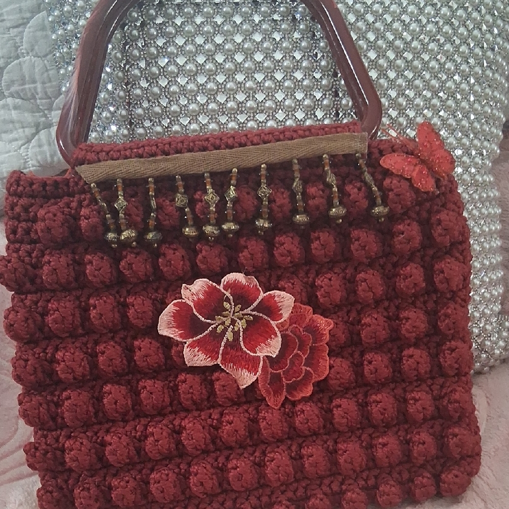 Handmade Red Crochet Bubble Tote with Floral Appliqué